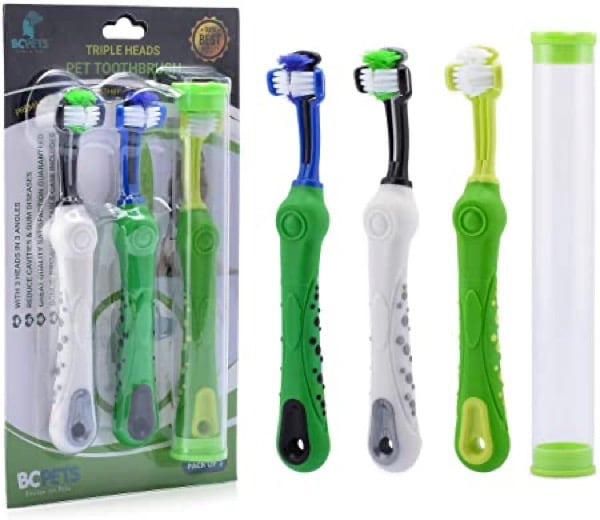 BC Pets - Premium 3-Sided Dog Toothbrush Set - Three Sided Pet Tooth Brush 3 Pack for Dogs and Cats - Ergonomic Toothbrush for Teeth Cleaning - Canine Toothbrush Kit for Dental Care with Travel Case