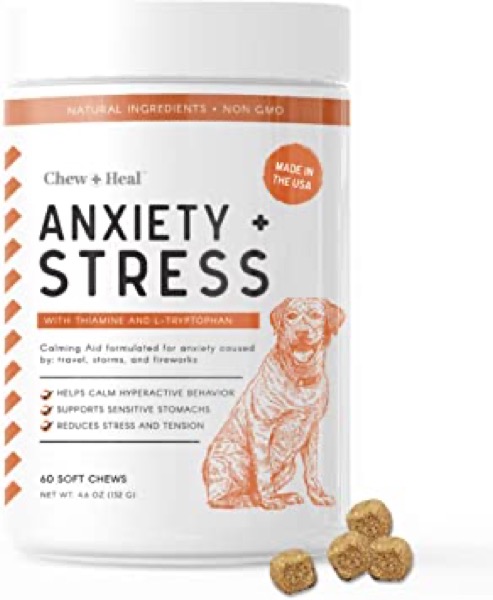 Chew + Heal Calming Dog Anxiety Supplements - 60 Soft Chews - Stress Relief Thiamine and L-Tryptophan for Travel, Storms, Fireworks - Multi Vitamin Formula with Ginger, and Melatonin Sleep Aid