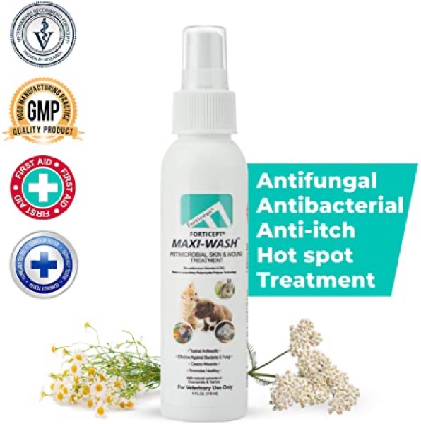 Forticept Maxi-Wash Antimicrobial Wound and Skin Treatment, Cleanser Spray for Hot Spots, Itch, Burns, Pyoderma, Sores for Dogs, Cats, and Other Pets 4 oz.