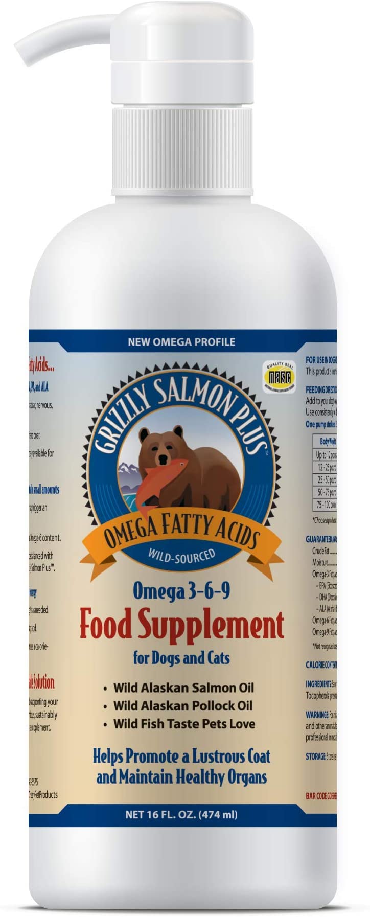 Grizzly All-Natural Wild Caught Alaskan Salmon Oil Dog Food Supplement | Balanced Blend of Omega-3 Fatty Acids | Medical Grade Pump for Exact, No-Spill Dose