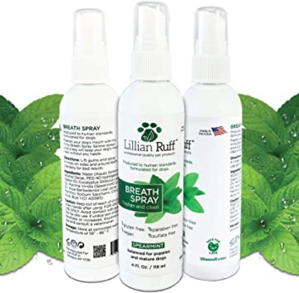 Lillian Ruff Dog Breath Freshener - Bad Breath Treatment for Dogs - Spearmint Flavor Dog Breath Spray- Safe for Cats - Fight Bad Breath, Dental Plaque and Tartar - Boost Immune System