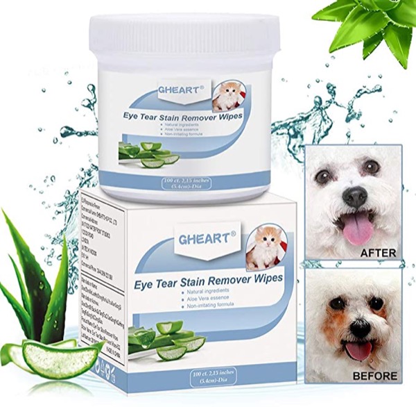 GHEART Eye Tear Stain Remover Wipes for Cats & Dogs - Pet Eye Care - 100 Presoaked Cotton Pads - Best Natural Eye Crust Treatment for White Fur - Chemical and Bleach Free (Eye Wipes)