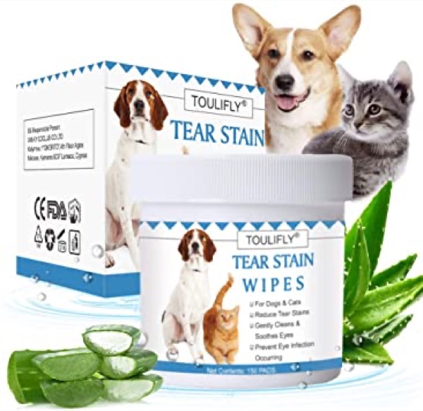 TOULIFLY Pet Tear Wipes, Tear Stain for Dogs & Cats, Natural Eye Tear Stain Remover Pads, Pet Eye Cleaning Wipes, Pet Soft Grooming Wipes, 150 Presoaked Textured Stain Wipes