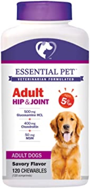 Essential Pet Products Adult Dog Hip & Joint Support Chewable Tablet Age 5+ with 500mg Glucosamine and 400mg Chondroitin, 120-Count