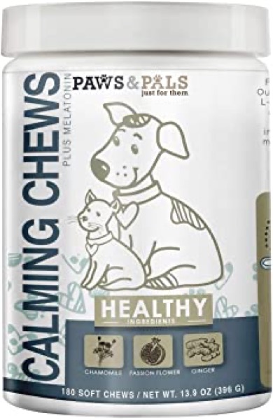 Paws & Pals Dog Calming Treats: Pet Anti Anxiety Supplement for Dogs & Cats with Melatonin, Chamomile & Ginger - Natural Stress Relief & Calm Composure Aid for an Anxious Dog or Cat - 180 Soft Chews