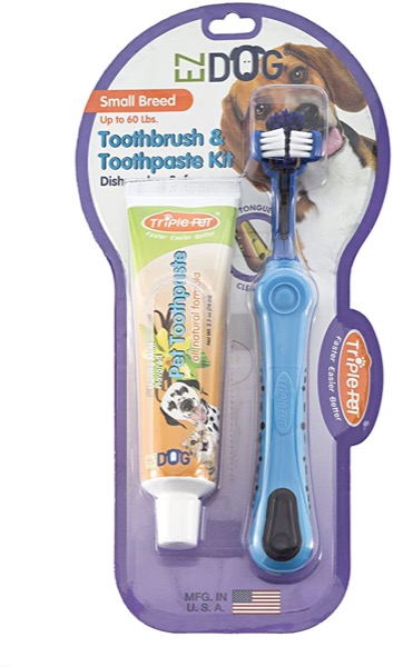 EZ Dog 3-Sided Toothbrush & Natural Toothpaste Kit for Small Dog Breeds in Vanilla Flavor | Dogs Love the Taste