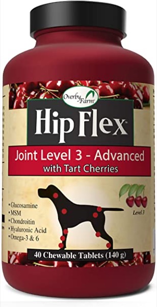 NaturVet Overby Farm Hip Flex Joint Level 3 Advanced Care with Tart Cherries for Dogs, Chewable Tablets, Made in USA