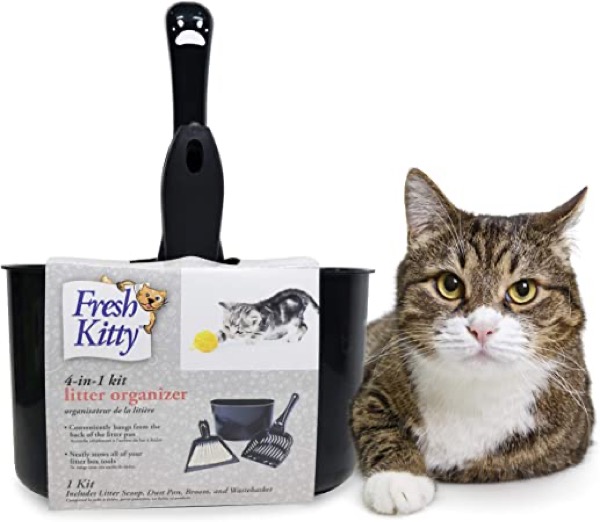Fresh Kitty 4-in-1 Litter Box Organizer Cleanup Kit  Cat Litter Box Cleaning Supplies  Sweeper & Dustpan, Scooper, Storage Caddy, Charcoal