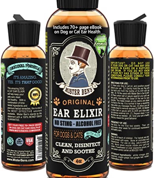 MISTER BEN'S Original Ear Elixir w/Spearmit for Dogs & Cats  NO Sting & Alcohol Free - Provides Fast Relief from Infections, itching, Odors, Bacteria, Mites, Fungus, Yeast