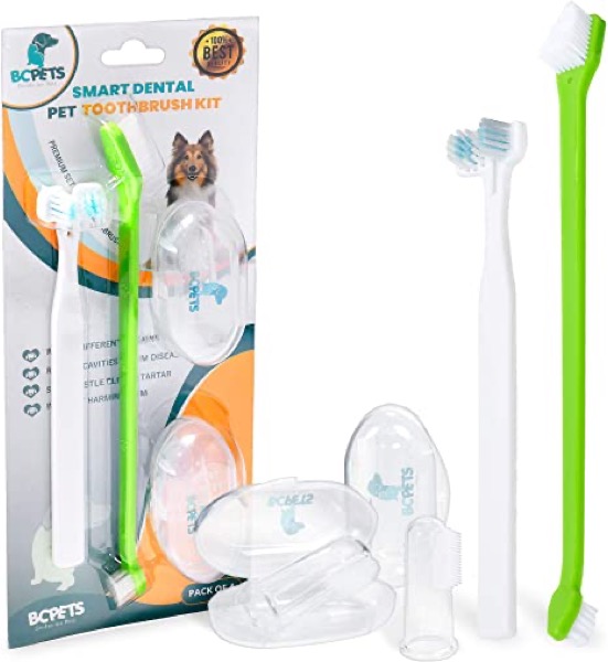 BC Pets Dog Toothbrush for Dogs & Cats - Dog Dental Care Kit with Finger Pet Tooth Brush, 2-Ended Dog Tooth Brush & Dual-Head Puppy Toothbrush - Small, Medium, Large Breed Dog Teeth Cleaning Set
