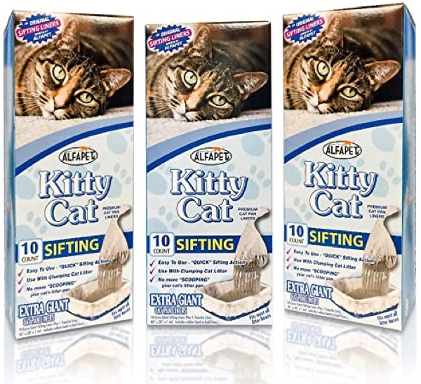 Alfapet Kitty Cat Pan Disposable, Sifting Liners- 10-Pack + 1 Transfer Liner-for Large, X-Large, Giant, Extra-Giant Size Litter Boxes-Included Rubber Band for Firm, Easy Fit - Pack of 3