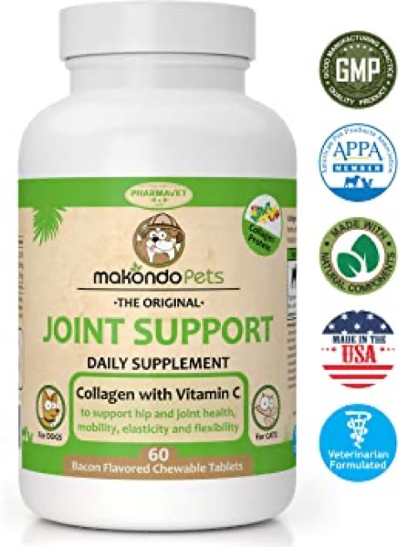 Makondo Pets Joint Support Supplement for Dogs and Cats-Bacon Flavor Chewables with Collagen Concentrate and Vitamin C to Help Increase Joints Health, Mobility, Elasticity and Flexibility-60 Tablets