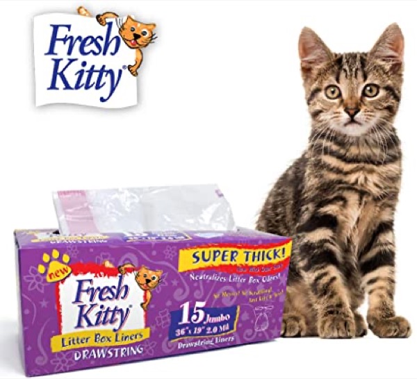 Fresh Kitty Super Thick, Durable, Easy Clean Up Jumbo Drawstring Scented Litter Pan Box Liners, Bags for Pet Cats, 15 ct