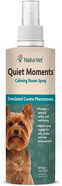 NaturVet  Quiet Moments Herbal Calming Room Spray  Provides a Sense of Safety & Well-Being  Great for Cars, Crates, & New Environments  8 oz Canine Spray