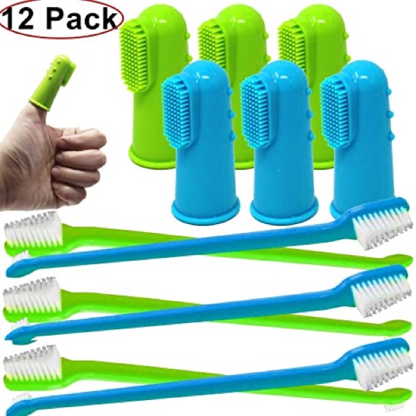 Jalousie 12 Pack Dog Dog Toothbrush Teeth Tooth Brush 6 Silicone Finger Brush and 6 Dual Headed Cleaning Brushes for Dental Care Dental Health