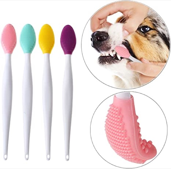 Dog toothbrush, Double-sided soft silicone gentle dental brushes kit with curved long handle