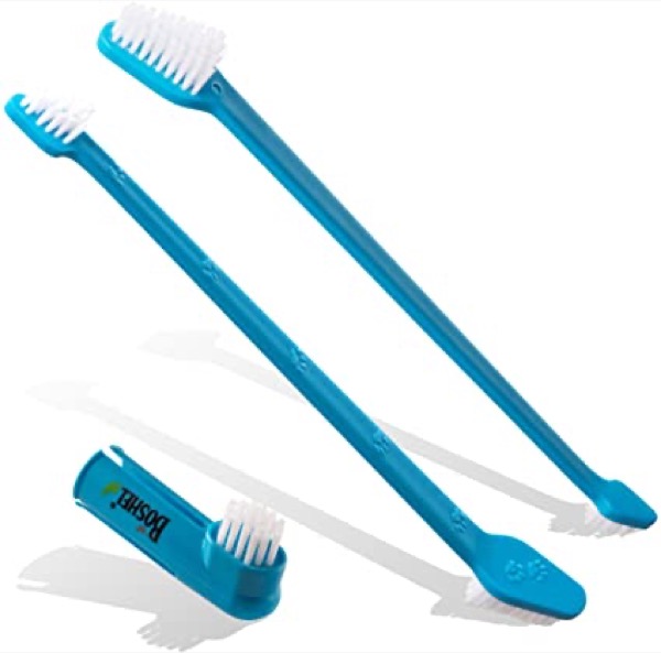 Boshel Dog Toothbrush Pack - 2 Long Handled Dual Headed Toothbrush + 1 Dog Finger Toothbrush Kit for Dog Dental Care - Use Double Sided Pet Toothbrush Set & Pet Finger Toothbrush with Dog Toothpaste