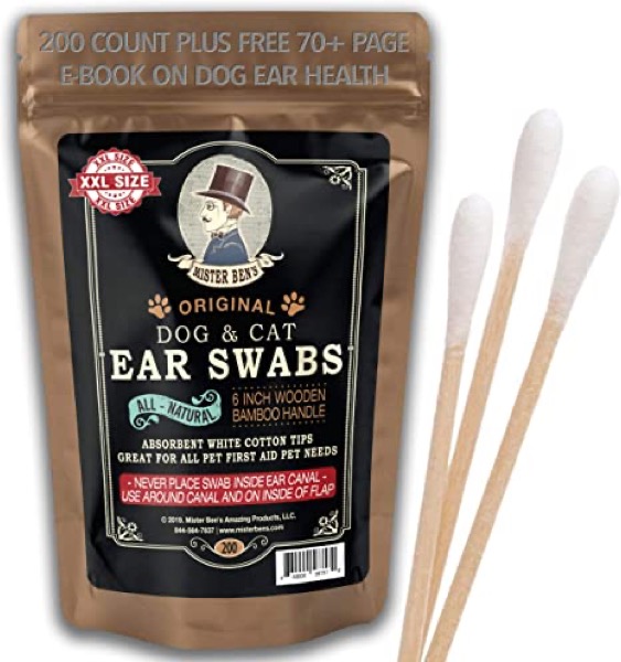 MISTER BEN'S Original Big Bamboo Buds - Premium Cotton Ear Buds Swabs for Dogs and Cats (Large 200 Count) with Long 6 inch Bamboo Handle - Soft & Absorbent for Ear Cleaning