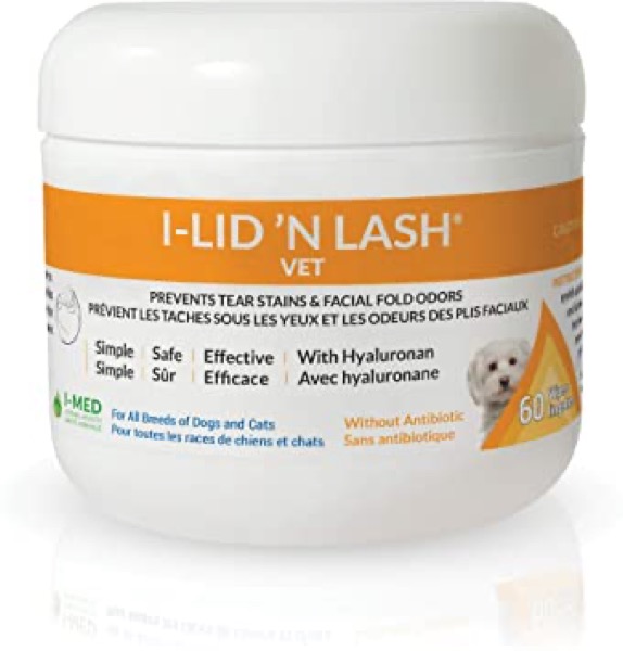 I-LID N LASH Vet Wipes Ocular Hygiene Cleanser: Prevents Tear Stains, Eliminates Facial Fold Odors, Contains Hyaluronan, Simple Daily Application, No Antibiotics or Harmful Chemicals, 60 Wipes