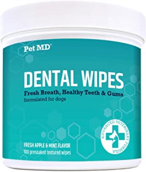 Pet MD Dog Breath Freshener Dental Wipes for Dogs - Tartar and Plaque Remover for Teeth Cleaning - Fresh Apple & Mint Scent Bad Breath Treatment for Dogs - 100 Count