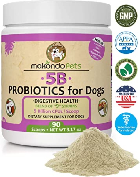 Makondo Pets Probiotics for Dogs & Puppies  Flavored, Made in USA, Extra Strength 9 Species Digestive Support Tummy Relief Enzyme Powder, 5 Billion CFUs per Scoop  90 Scoops per Tub, 3.17 oz