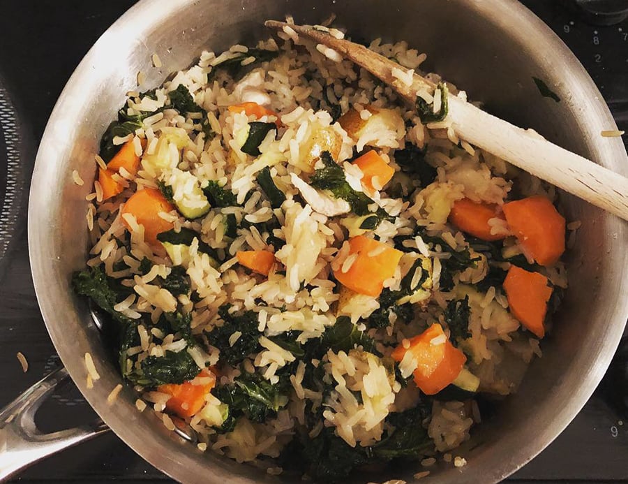 cooked chicken, kale and pear bowl
