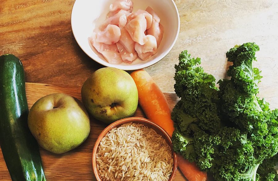 ingredients for chicken, kale and pear bowl