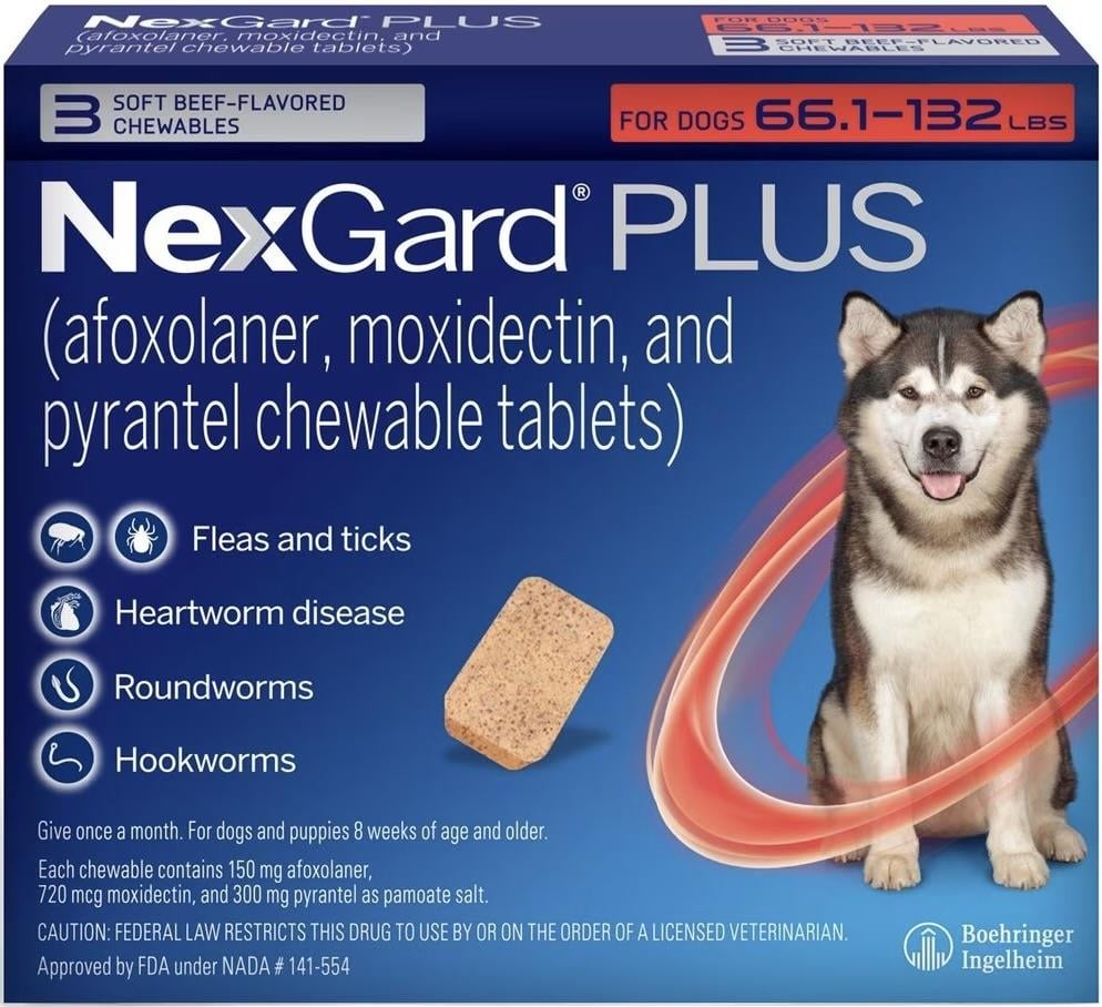 Nexgard Plus XL 66 - 130 lbs (Red) - 3 pack