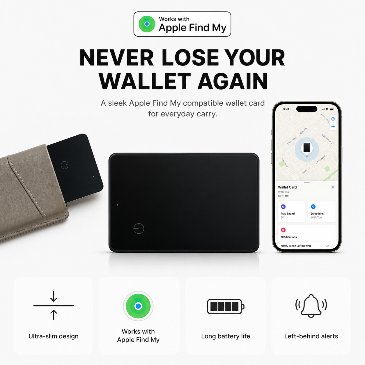 Slim Wallet Tracker Card - Apple Find My Compatible - Fits Any Wallet - iPhone