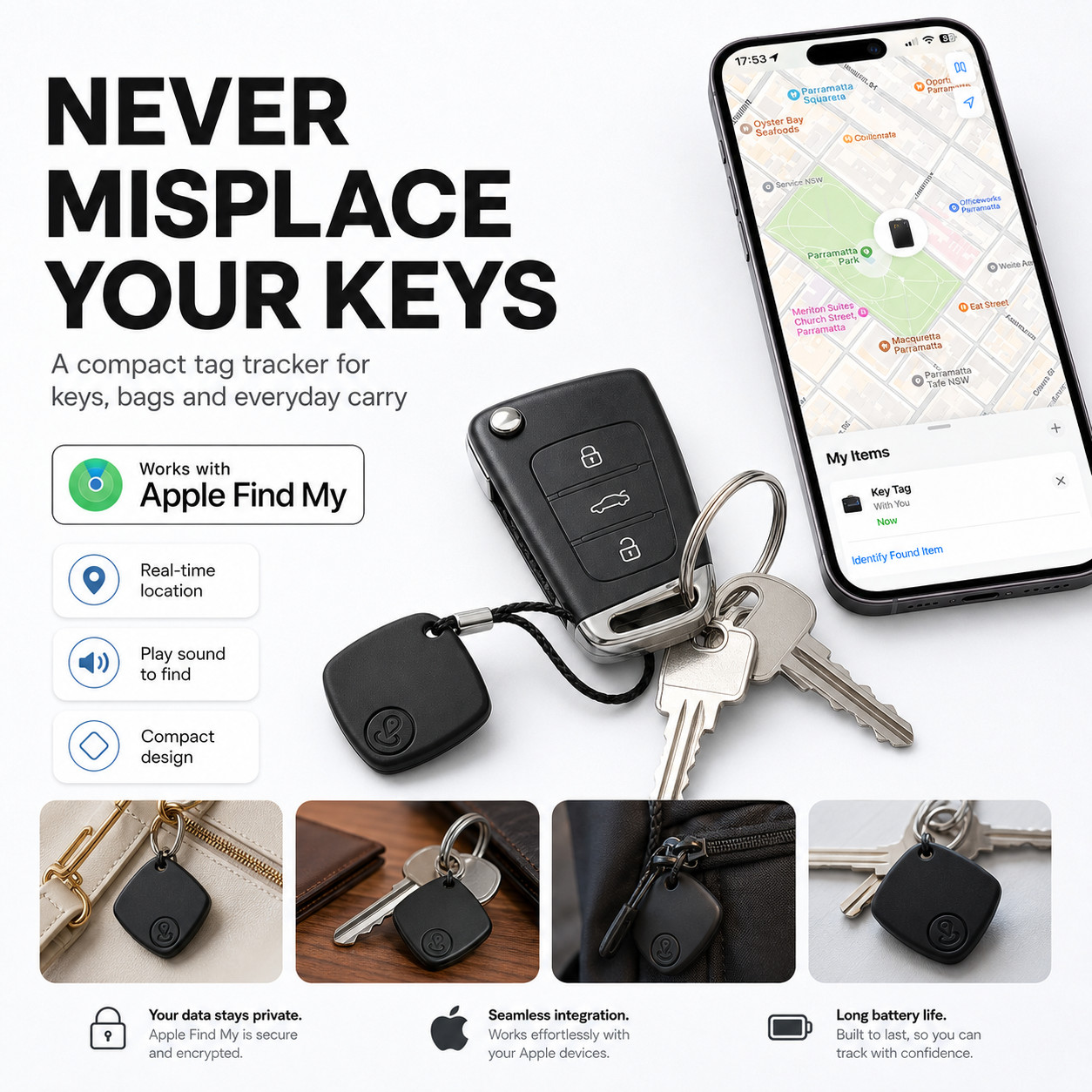 Find My Tracker Tag - Keys Wallet Bag Luggage Finder - Works with iPhone