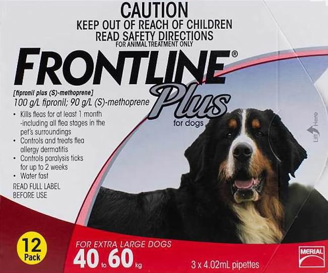 Frontline Plus XL Dogs 88-132lbs (40-60kg) - 12 Pipettes